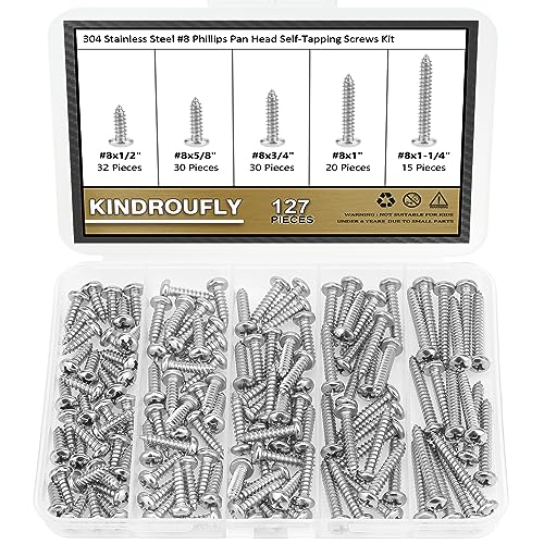 127 Pieces #8 x 1/2" 5/8" 3/4" 1" 1-1/4" Phillips Pan Head Self-Tapping Screws, Wood Screws Assortment Kit, 304 Stainless Steel - size: #8