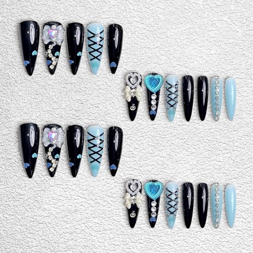 3D Black Press on Nails Almond - Long Tip Fake Nails with Embossed Heart-shaped Bow&White Bead Designs, Glossy Finish Reusable False Nails for Women Manicure(3D Embossed design 26） - color: 3D Embossed design 26