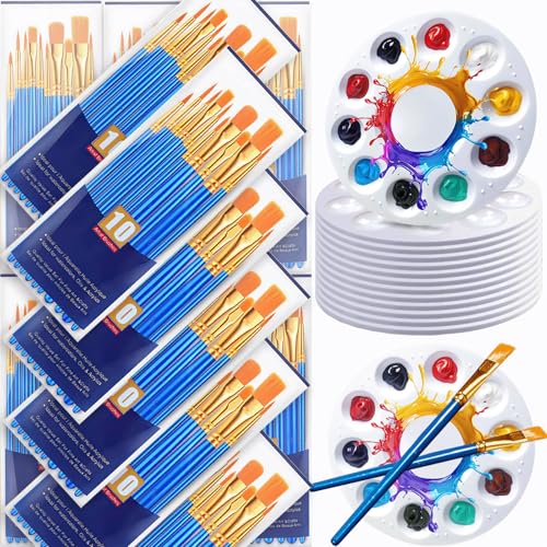 528PCS Valued Paint Brushes and Palettes Set，48Pack of 480PCS Paint Brushes Bulk, 48 Paint Paint Trays, Artist Acrylic Brushes Nylon Brush Head, Suitable for All Purpose Oil Watercolor Painting Set