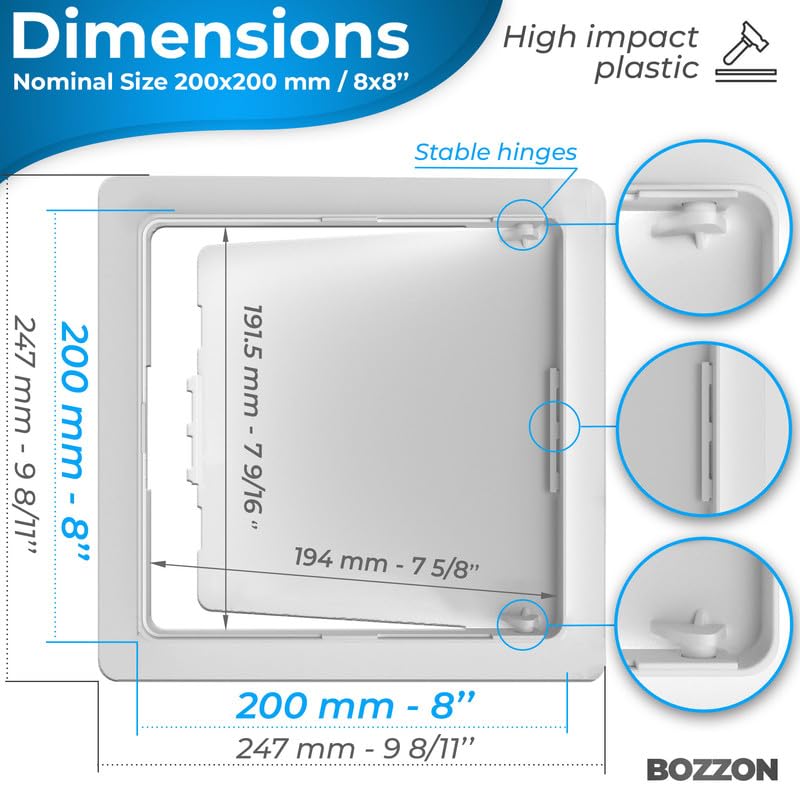 BOZZON Access Panel for Drywall - 8 x 8 in - Wall Hole Cover - Access Door - Plumbing Access Panel for Drywall - Heavy Durable Plastic White - size: 8 x 8