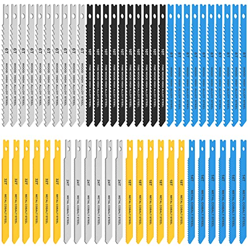 54Pcs Jig Saw Blade Set High Carbon Steel Assorted Saw Blades with U-Shank Sharp Fast Cut Down Jigsaw Blade Woodworking Tool for Wood Metal Plastic Cutting