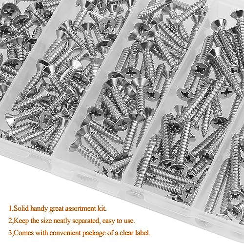 #7 x 1/2" 5/8" 3/4" 1" 1-1/4" Wood Screws Set, HELIFOUNER 160 Pieces Phillips Countersunk Head Self-Tapping Screws Assortment Kit, Phillips Flat Head Wood Screws, 304 Stainless Steel - size: #7