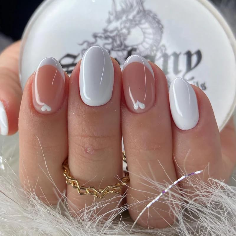 CurvLife Short Oval Press On Nails, Heart Kiss White, Soft Gel - color: C5 - French white