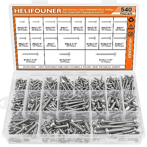 540 Pieces #4#6#8#10#12 Wood Screws Set, HELIFOUNER 18 Sizes Phillips Pan Head Self-Tapping Screws Assortment Kit, Phillips Pan Head Wood Screws, 304 Stainless Steel - size: #4#6#8#10#12