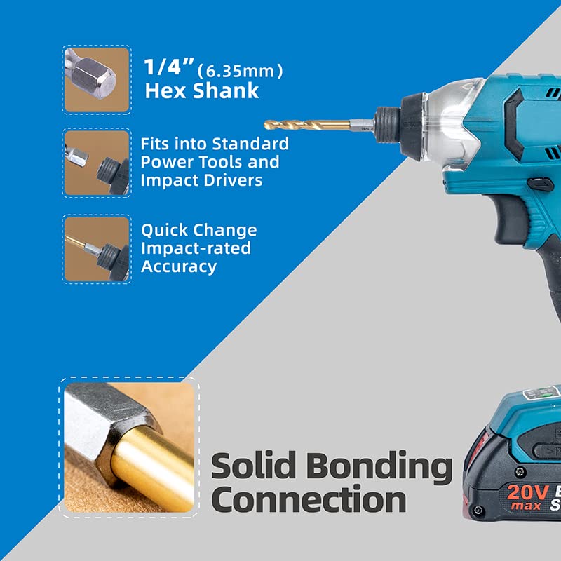 HIGHFIRE 22 Pieces Hex Shank Drill Bit Set for Impact Driver, HSS Twist Titanium Drill Bits for Metal, Hex Drive Quick Change Drill Bits Set - size: 22pcs