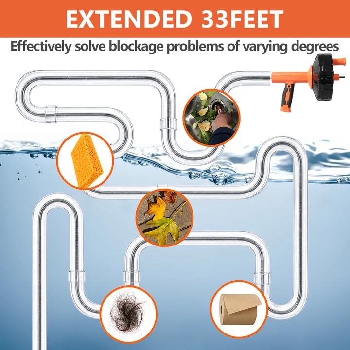 Drain Snake 8Set-33Ft Drain Clog Remover,34inch Heavy Duty Plumbing Snake,20inch Hair Clog Remover,Cleaning Brush,Goggles and Gloves Manual or Powered for Bathtub,Sewer,Sink,Drainage Pipe - style: 10SET Electric Heavy Duty