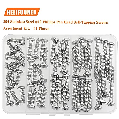 #12 x 3/4" 1" 1-1/4" 1-1/2" 2" Wood Screws Set, HELIFOUNER 51 Pieces Phillips Pan Head Self-Tapping Screws Assortment Kit, Phillips Pan Head Wood Screws, 304 Stainless Steel - size: #12