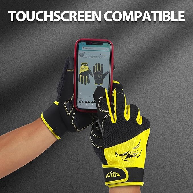 DLY Mens Work Gloves Touch screen, Utility Mechanic Gloves, Flexible Breathable Fit, Terry Fabric, Non-Slip (Medium, Yellow)