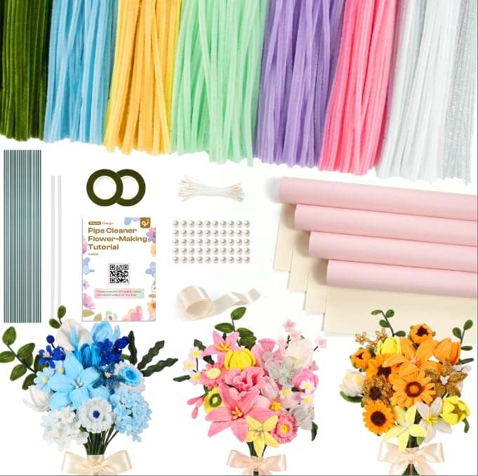 Caydo 700 Pieces Pipe Cleaner Flower Kit with 16 Flowers Videos, 7 Colors