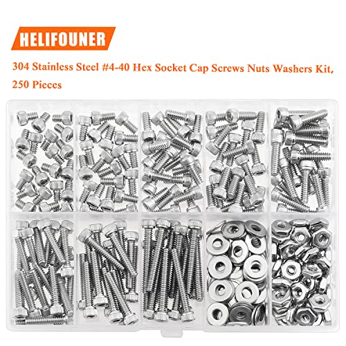 HELIFOUNER 250 Pieces #4-40 x 3/16" 1/4" 5/16" 3/8" 1/2" 5/8" 3/4" 1", Hex Socket Head Cap Screws Bolts Washers Nuts Kit, Coarse Thread, Fully Machine Threaded, 304 Stainless Steel - size: #4-40, style: Socket Head