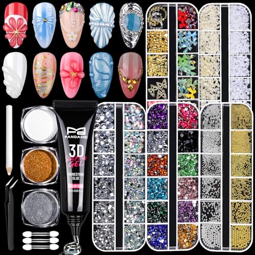 FANDAMEI 3D Gel Kit, 15g 3D Nail Sculpting Gel, 5 Box Nail Pearls Charms and Gems Clear&AB Nail Rhinestones, Metal Nail Beads&Gold Silver White Pearl Chrome Powder for DIY Manicure, UV/LED Lamp Needed