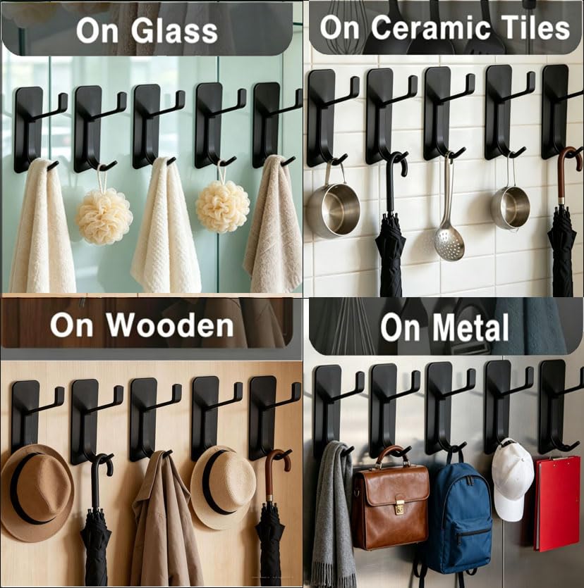 5Pcs Self Adhesive Stainless Wall Hook Key Hooks Sturdy Metal Hanger-Black - color: Black