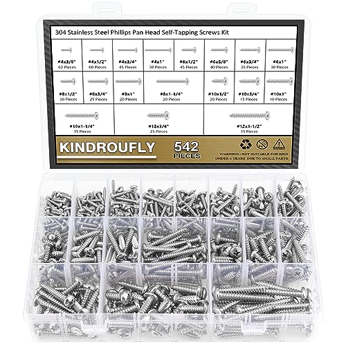 542 Pieces #4#6#8#10#12 Phillips Pan Head Self-Tapping Screws, Wood Screws Assortment Kit, 304 Stainless Steel - size: #4#6#8#10#12