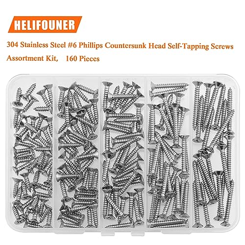 #6 x 1/2" 5/8" 3/4" 1" 1-1/4" Wood Screws Set, HELIFOUNER 160 Pieces Phillips Countersunk Head Self-Tapping Screws Assortment Kit, Phillips Flat Head Wood Screws, 304 Stainless Steel - size: #6