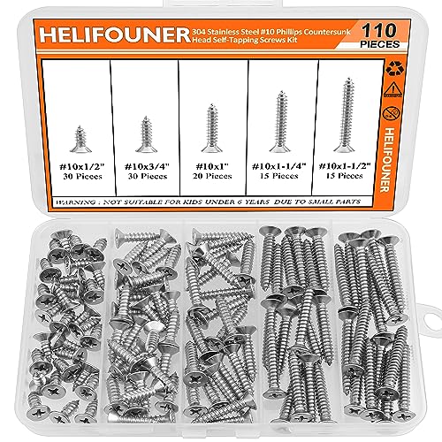 #10 x 1/2" 3/4" 1" 1-1/4" 1-1/2" Wood Screws Set, HELIFOUNER 110 Pieces Phillips Countersunk Head Self-Tapping Screws Assortment Kit, Phillips Flat Head Wood Screws, 304 Stainless Steel - size: #10