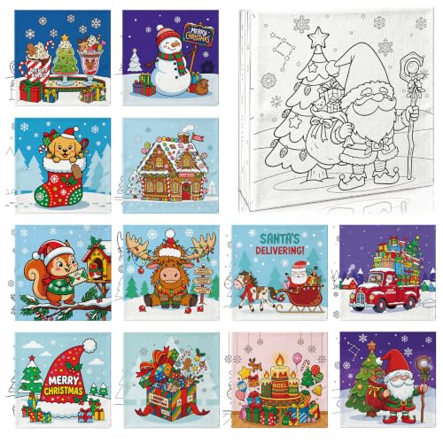 12 Packs Christmas Pre Drawn Canvas to Paint， 6” X 6” Pre Printed Canvas Boards, Pre Stretched Outline Painting Kits for Beginners, Adults, Party Favors & Romantic Craft Activities