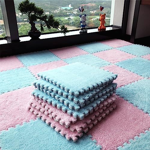 12pcs Tiled Puzzle Play Mats Interlocking Shaggy Soft EVA Foam Mats Protective Floor for Children Kids Room Home Parlor Bedroom(Lightblue) - color: Lightblue