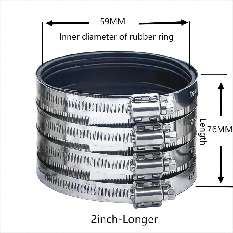 Flexible pipe Coupling with Stainless Steel Clamps.Pipe Connector for PVC and Metal Pipes (2inch-Longer) - size: 2 inch (Longer)