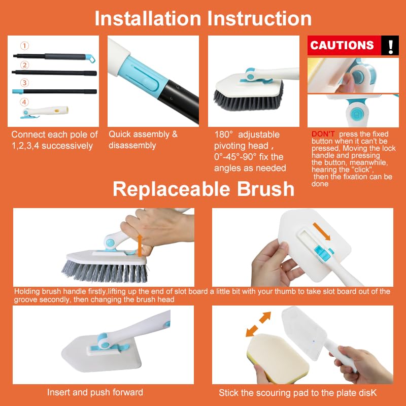 Long Handled Scrub Brush for Shower,3-in-1 Cleaning Brushes with 3 Different Function Cleaning Heads Brush for Shower Cleaning Bathroom Kitchen Walls Tub Tile (White) - color: White