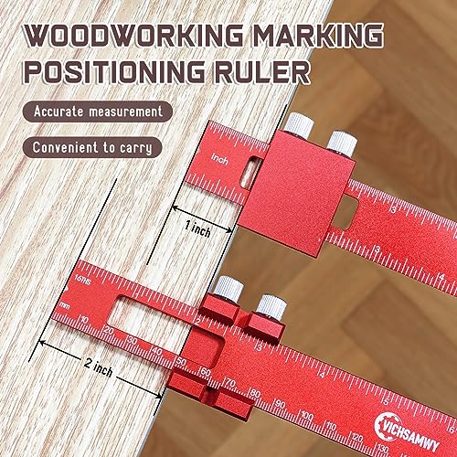 Precision Metal Slide Stop Scribing Ruler - 12, 8 & 6 Inch, Adjustable Measuring & Marking for Woodworking - color: Red