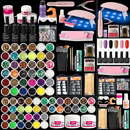 Acrylic Nail Kit with Monomer Liquid, UV Light, Nail Drill, 6 Gel Polish | Comes with acrylic powder, 36 glitter sequins, false nail tips & full manicure tools, perfect home salon DIY gift for women - color: Advanced Set