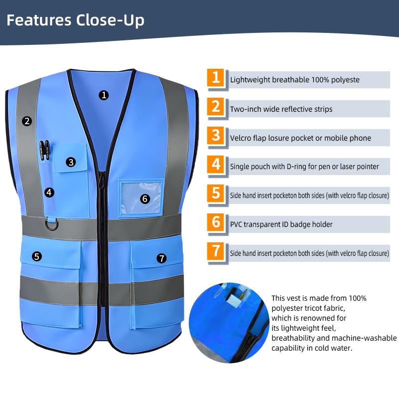 High Visibility Safety Vest with Reflective Strips & Pockets - color: Blue, size: Medium