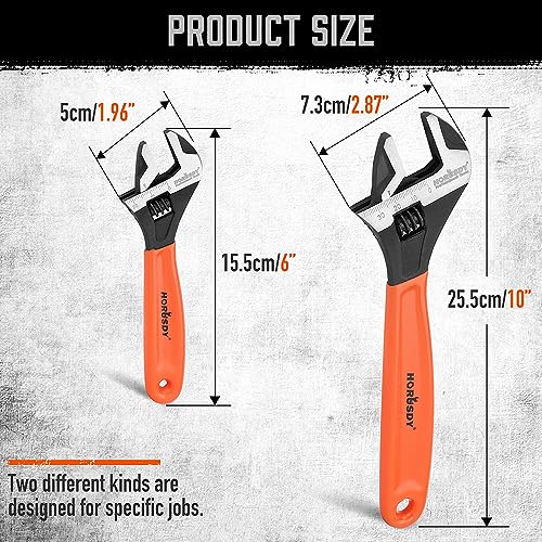 HORUSDY Adjustable Wrench Set | 2-Piece | 6-Inch and 10-Inch Wrenches | Metric & SAE Scales | Cushion Grip Wrench | Cr-V Steel - style: 2PC Wide Jaw Set (6" 10")