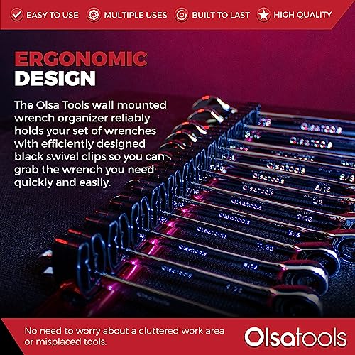 Olsa Tools Wall-Mounted Wrench Rack - Red Anodized Aluminum Rail with Black Clips - Stores 14 SAE or Metric Wrenches Securely - Professional Organizer - Part: 1028 - style: Red Aluminum + Black Clips