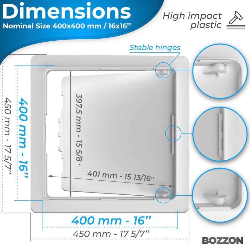 BOZZON Access Panel for Drywall - 16 x 16 in - Wall Hole Cover - Access Door - Plumbing Access Panel for Drywall - Heavy Durable Plastic White - size: 16 x 16