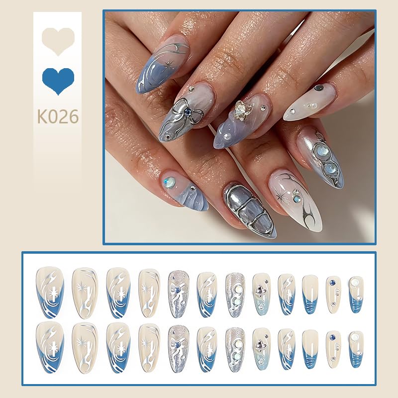 3D Press on Nails Almond - Medium French Tip Fake Nails with Embossed Bow&Blue Bead Designs, Glossy Finish Reusable False Nails for Women Manicure(3D Embossed design 15) - color: 3D Embossed design 15