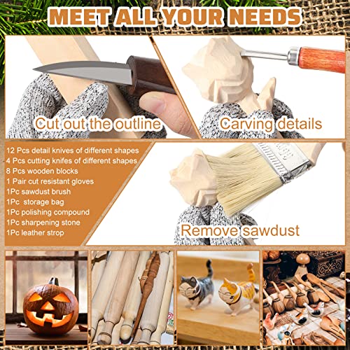 30 Pcs Wood Carving Tools Whittling Kit Include Hand Carving Knife Set Wood Blocks Cut Resistant Gloves Sawdust Brush Sharpening Stone Polishing Wax Sharpening Leather Storage Bag for Beginners