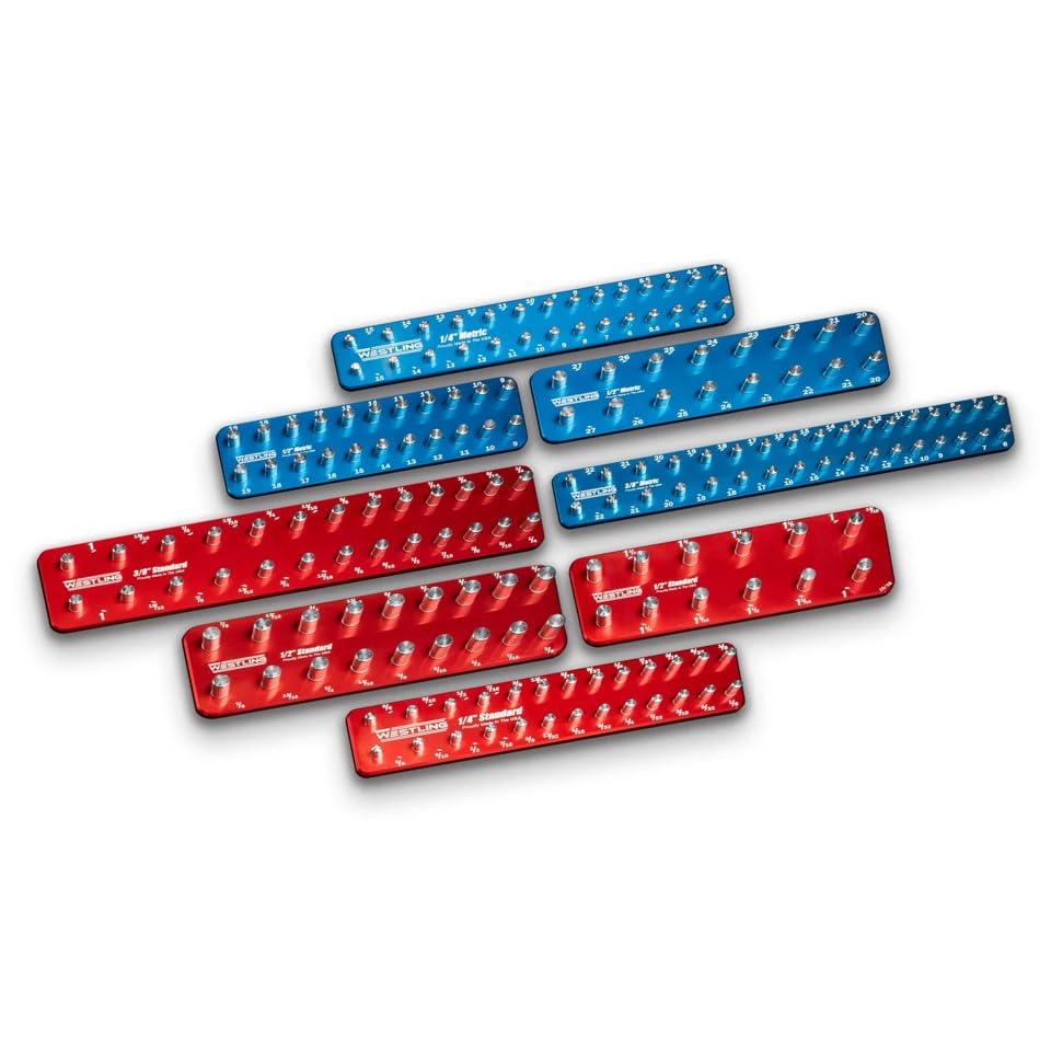 Westling USA Premium Aluminum Starter 8 Piece Socket Tray/Organizer Set, Holds 152 Standard and Metric Sockets (Red/Blue, 2 Row) - color: Red/Blue, size: 2 Row