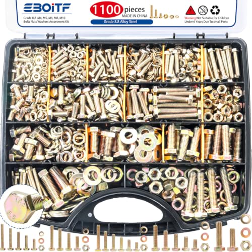 1100cs Grade 8.8 Metric Bolts and Nuts Assortment Kit, M4, M5, M6, M8, M10 Heavy Duty Hex Bolts and Nuts Kit, Assorted Nuts, Bolts, Flat & Lock Washers, Yellow Zinc Plated, Length from 12-40 mm - size: 1100PCS M4, M5, M6, M8, M10