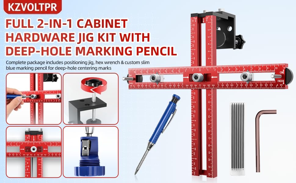 Foldable 2-in-1 Cabinet Hardware Jig with Carpenter Pencil, Adjustable Drawer Pull & Door Hinge Installation Template, CNC Aluminum Drill Guide for Woodworking