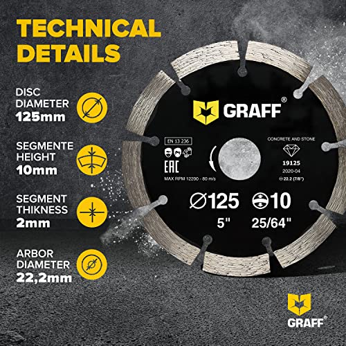 5 Inch Diamond Blade for Angle Grinder — Diamond Cutting Wheel for Cutting Stone, Marble, Granite, Brick, Masonry, Paving Flag, Concrete — Diamond Saw Blades Segment Height 0.394” (10 mm) — GRAFF - size: Ø 5 Inch Segment, style: Diamond Segment Blades