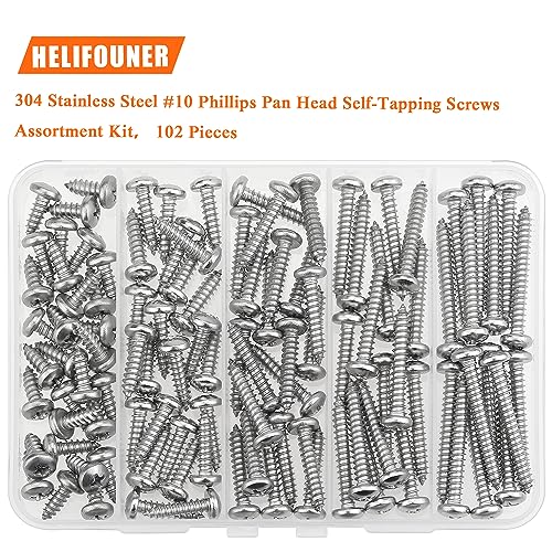 #10 x 1/2" 3/4" 1" 1-1/4" 1-1/2" Wood Screws Set, HELIFOUNER 102 Pieces Phillips Pan Head Self-Tapping Screws Assortment Kit, Phillips Pan Head Wood Screws, 304 Stainless Steel - size: #10