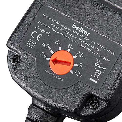 Belker 12W 3V 4.5V 5V 6V 7.5V 9V 12V Adjustable Voltage Universal AC/DC Adapter Power Supply for Household Electronics,Micro USB - 1A Max. [BN]