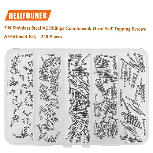 #2 x 1/4" 3/8" 1/2" 5/8" 3/4" Wood Screws Set, HELIFOUNER 240 Pieces Phillips Countersunk Head Self-Tapping Screws Assortment Kit, Phillips Flat Head Wood Screws, 304 Stainless Steel - size: #2