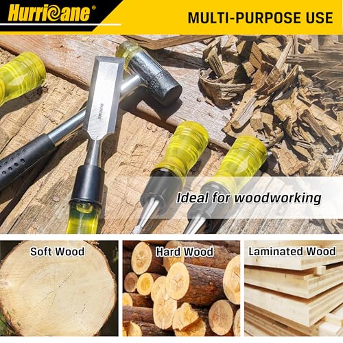 HURRICANE 4 Piece Wood Chisel Set for Woodworking. CR-V Steel Beveled Edge Blades with Safety Caps. Durable PVC High Impact Handle, for Precision Carving & DIY Projects (1/4", 1/2", 3/4", 1") - size: Regular Size Grip