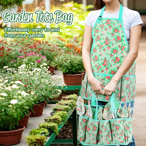 Garden Tools Set, JUMPHIGH 10 PCS Heavy Duty Gardening Tools Includes Hand Trowel Rake Weeder Pruner, Gardening Gifts for Women, Garden Kit with Tote Bag, Apron, Gloves, Kneeling Pad - color: Blue Green