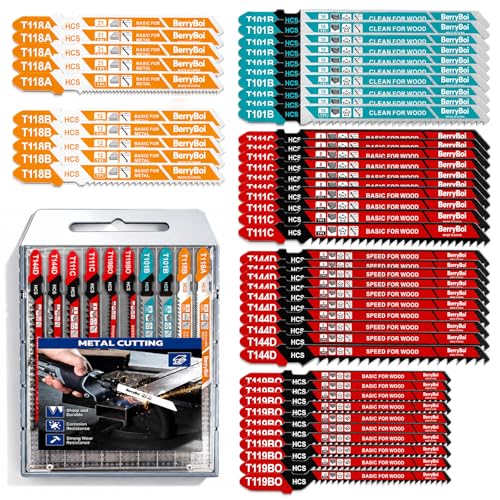 50-PCS T-Shank Jigsaw Blades Set for Wood & Metal, Plastic Cutting Assorted Jigsaw Blades with Plastic Case(T118A/T118B/T101B/T119BO/T111C/T144D)