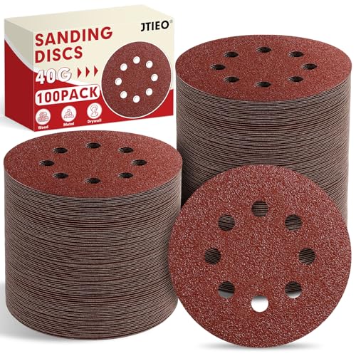 JTIEO 100PCS Sanding Discs 40 Grit, 5 Inch Orbital Sander Pads, Hook & Loop Sandpaper Pads, 8 Hole Round Sanding Discs for Random Orbital Sanders - style: 40Grit-100pcs