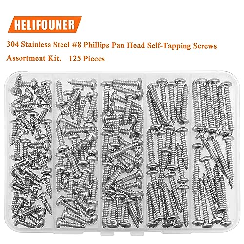 #8 x 1/2" 5/8" 3/4" 1" 1-1/4" Wood Screws Set, HELIFOUNER 125 Pieces Phillips Pan Head Self-Tapping Screws Assortment Kit, Phillips Pan Head Wood Screws, 304 Stainless Steel - size: #8