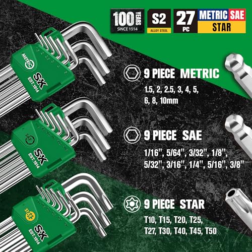 SK 27-Piece Allen Wrenches Sets, Metric/SAE/Star Hex Key Set, S2 Steel - style: SAE/Metric/Star