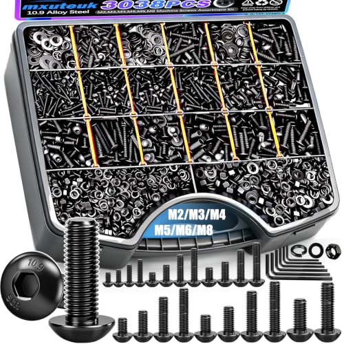 mxuteuk 3038PCS Metric Screw Assortment Kit,M8/M6/M5/M4/M3/M2(4mm-45mm Long) Machine Screws,10.9 Grade Alloy Steel Hex Button Head Cap Screws Nuts and Washers Assortment Kit for 3D Printing DIY - size: 3038PCS M2-M8