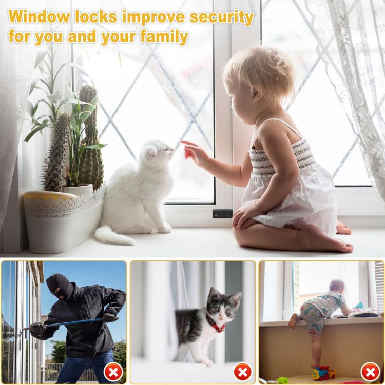 Window Locks,4 Pcs Sliding Window Locks with Key for Vertical & Horizontal Sliding Windows Doors Adjustable Aluminum Stoppers, No-Drill Easv to Install for Patio Bedroom Home and Office