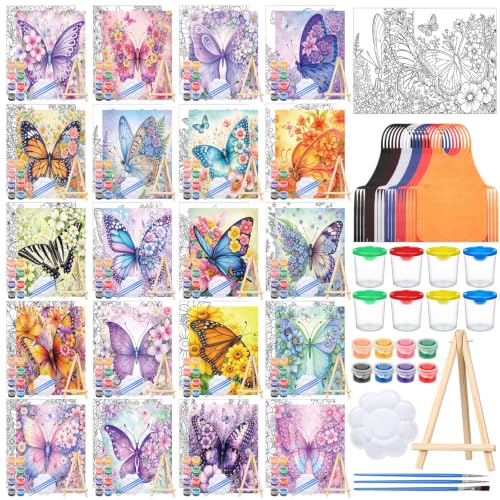 Sherr 140 Pcs 20 Set Pre Drawn Canvas Painting Kit, Butterflies and Flowers - style: Butterflies and Flowers