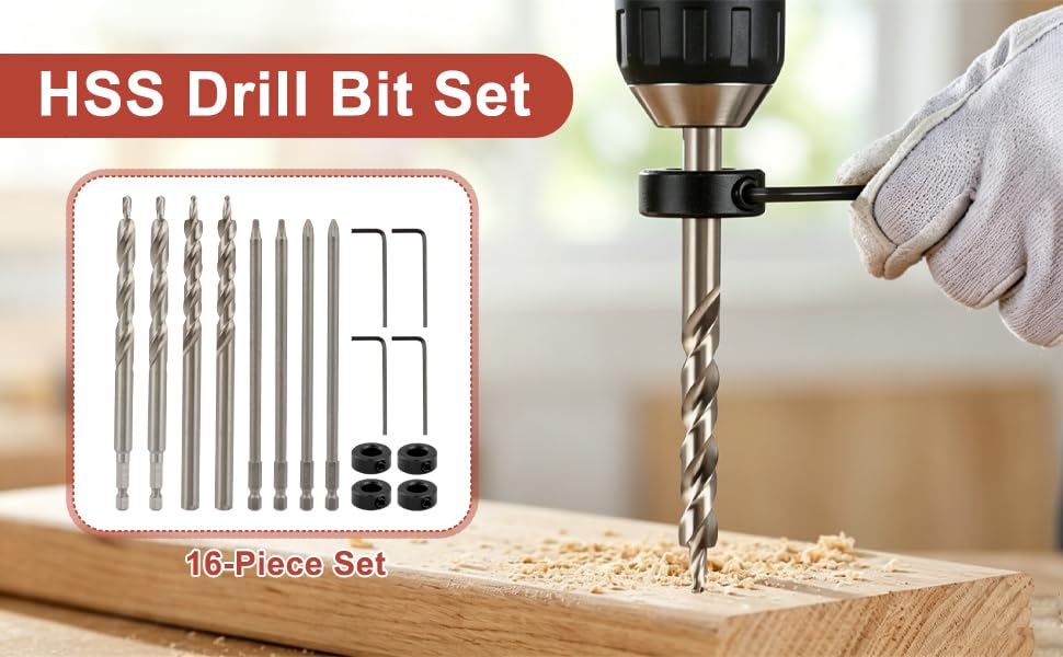 4pcs 3/8" Drill Bit with Depth Stop Collar and 4pcs SQ2 Screwdriver bit Set, 1/4 Hex and Round Shank Replacement,for Manual Pocket Hole Guide Jig Master System (Silver)