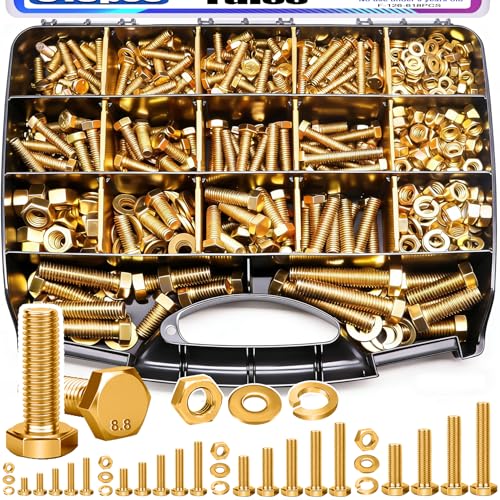 Taiss Grade 8.8 Bolts and Nuts Assortment Kit,1/4-20,5/16-18,3/8-16,1/2-13 Heavy Duty SAE Hex Bolts and Nuts & Flat/Lock Washer Kit,Carbon Steel Zinc Plated,with Handheld Box 618PCS - color: Gold-618PCS