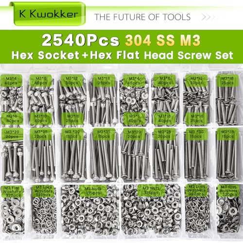 2540Pcs M3 Screws 4MM to 35MM, Socket Head Screws & Flat Head Screw, 304 Stainless Steel Assorted Nuts and Bolts Assortment Kit M3 Screw Kit with Nuts, Washer and Lock Washers - size: H. M3